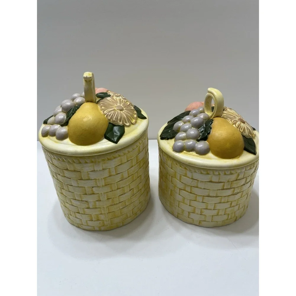 Vintage Ceramic Canister Set Of 2 Yellow Basket Weave Fruit With Lids 1970s